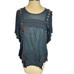 Lanvin Paris Blue with Black & Gold Accents Short Sleeve Shirt